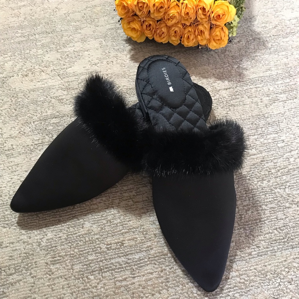 NWOT Birdies Dove Satin Pointy Toe Faux Fur Mules Size 9